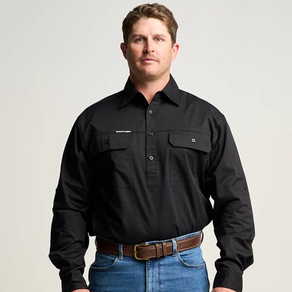 KILCOY | Mens Half Button Long Sleeve Work Shirt - Black Thumbnail